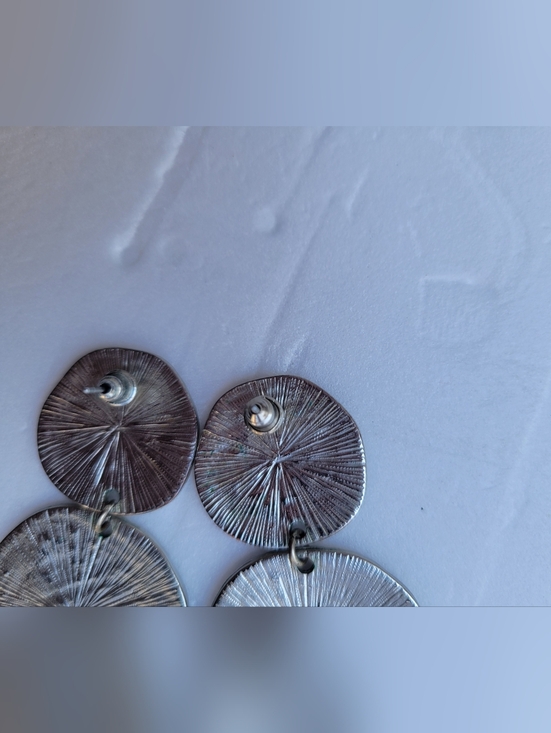 Textured Silver Double Disk Drop Earrings - Women Jewelry - Picture 3 of 4